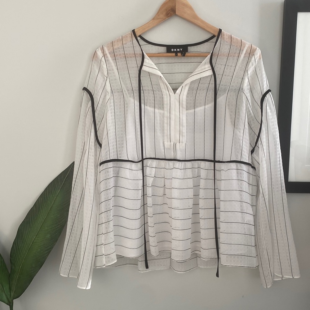 DKNY Sheer Black Striped Tie Front Blouse